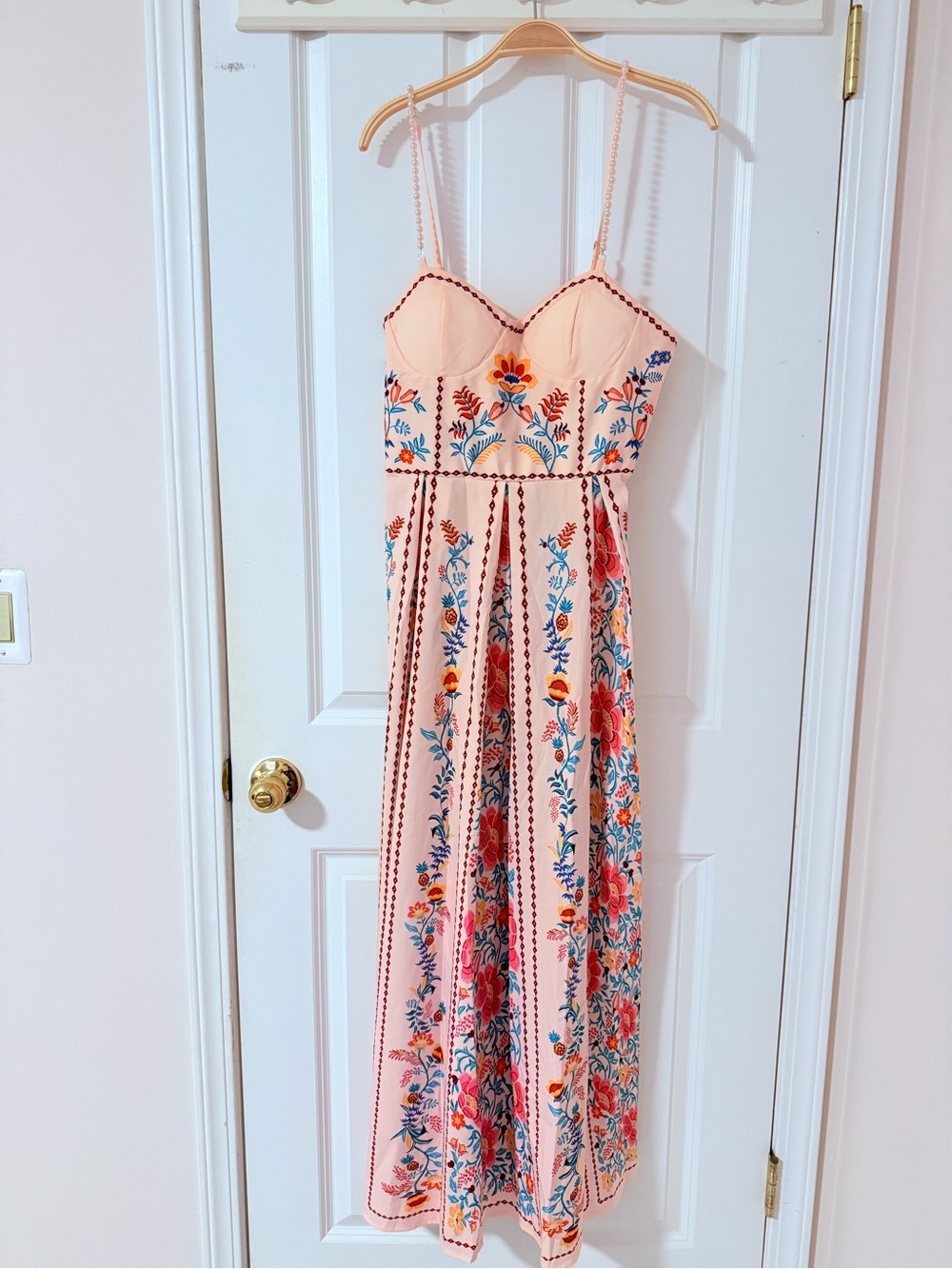 Pink Floral Print Pearl Strap Maxi Dress